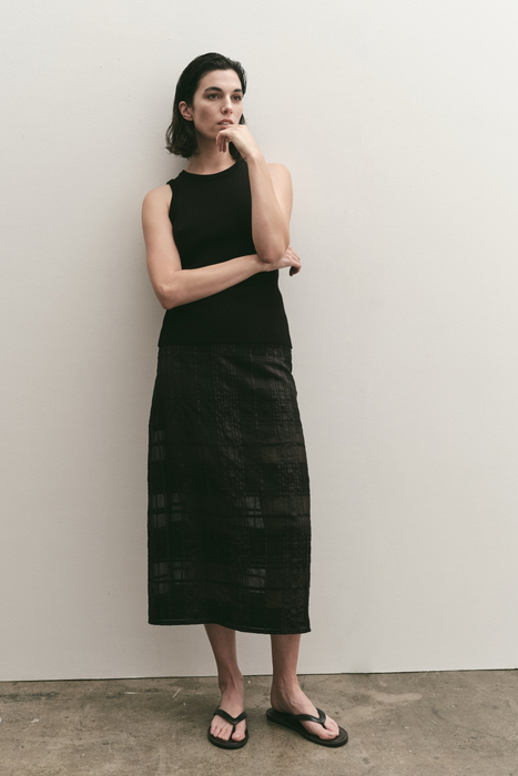 Plaid Lace Midi Skirt in Black
