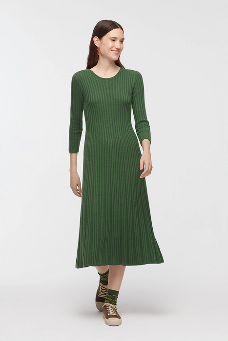 Pleated Knit Dress in Forest Green