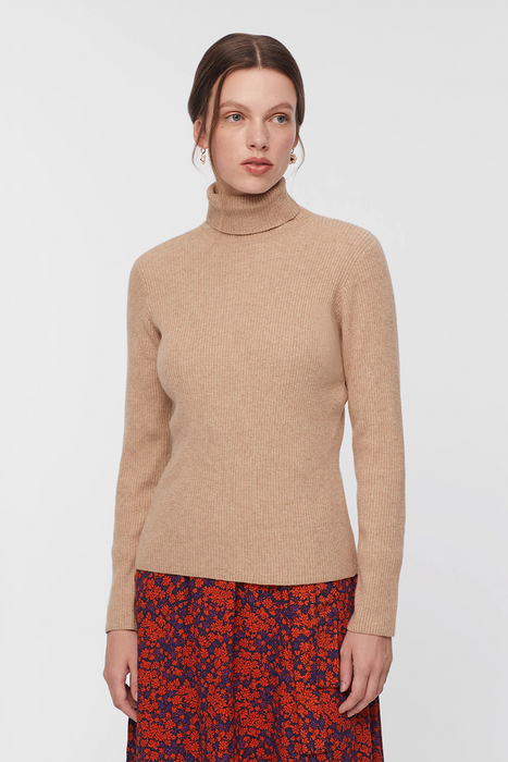 Ribbed Turtleneck Sweater in Beige Melange