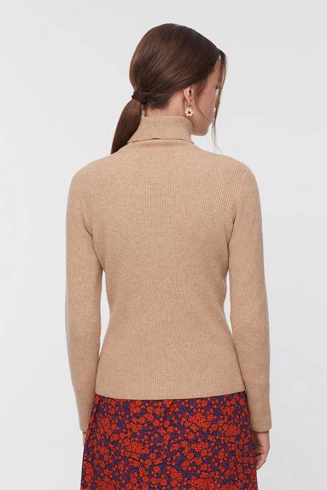 Ribbed Turtleneck Sweater in Beige Melange