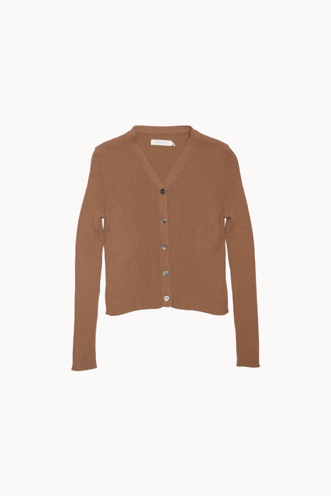 Ribbed Knit V-Neck Cardigan in Camel