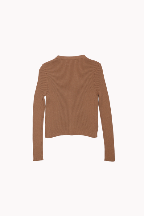 Ribbed Knit V-Neck Cardigan in Camel