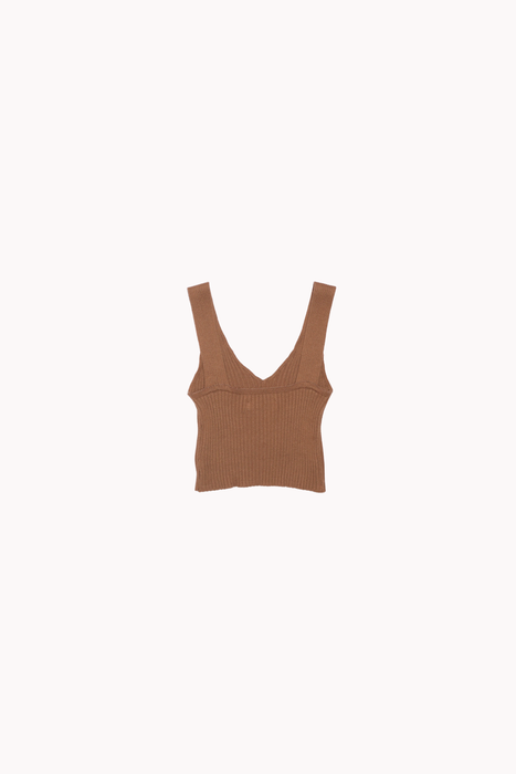 Ribbed Knit V-Neck Crop Top in Camel