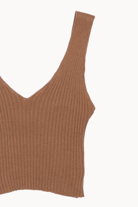 Ribbed Knit V-Neck Crop Top in Camel